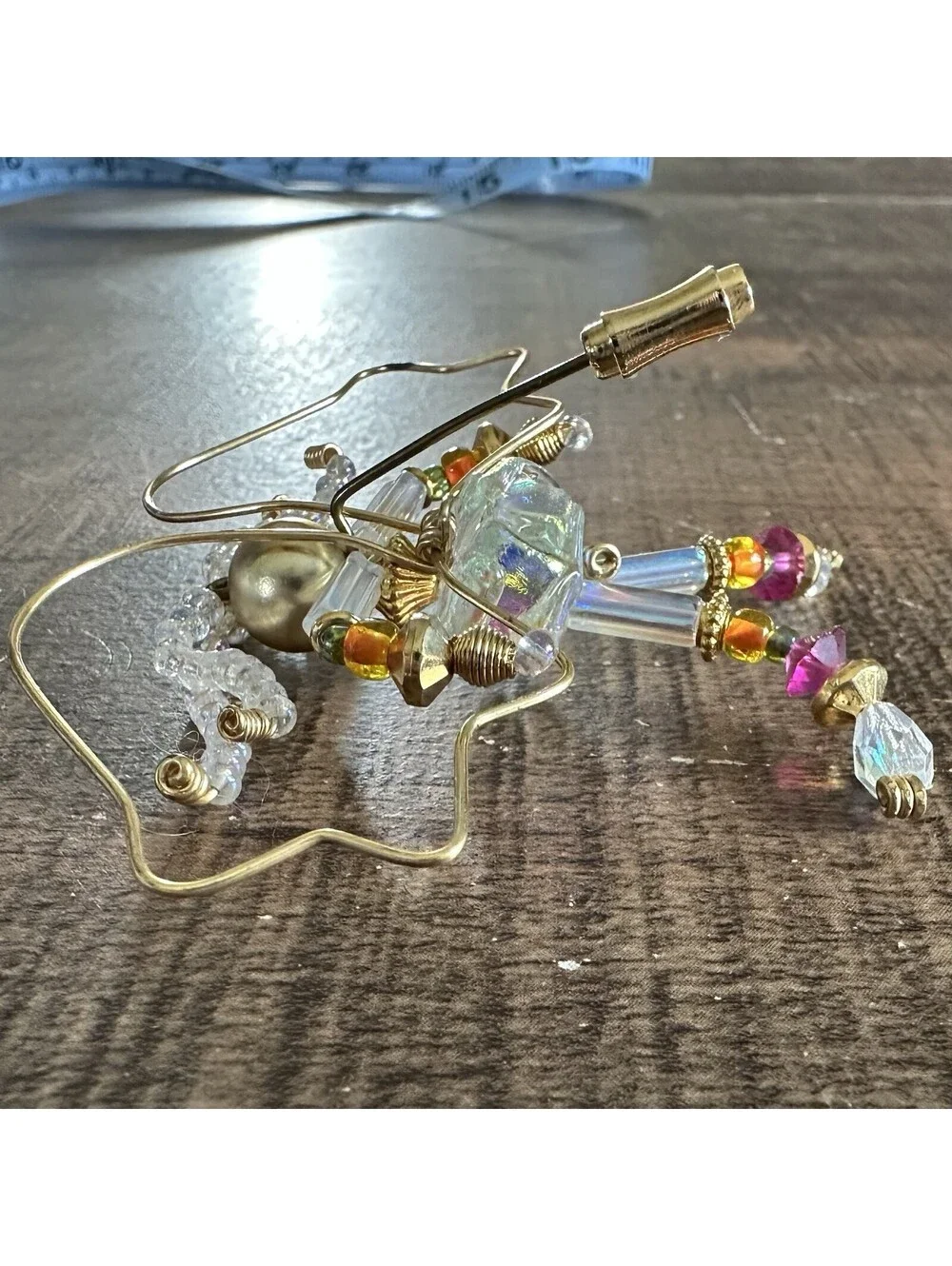 Handcrafted Wire Angel Brooch Pin Glass Crystal Bead Gold Tone Artisan OOAK